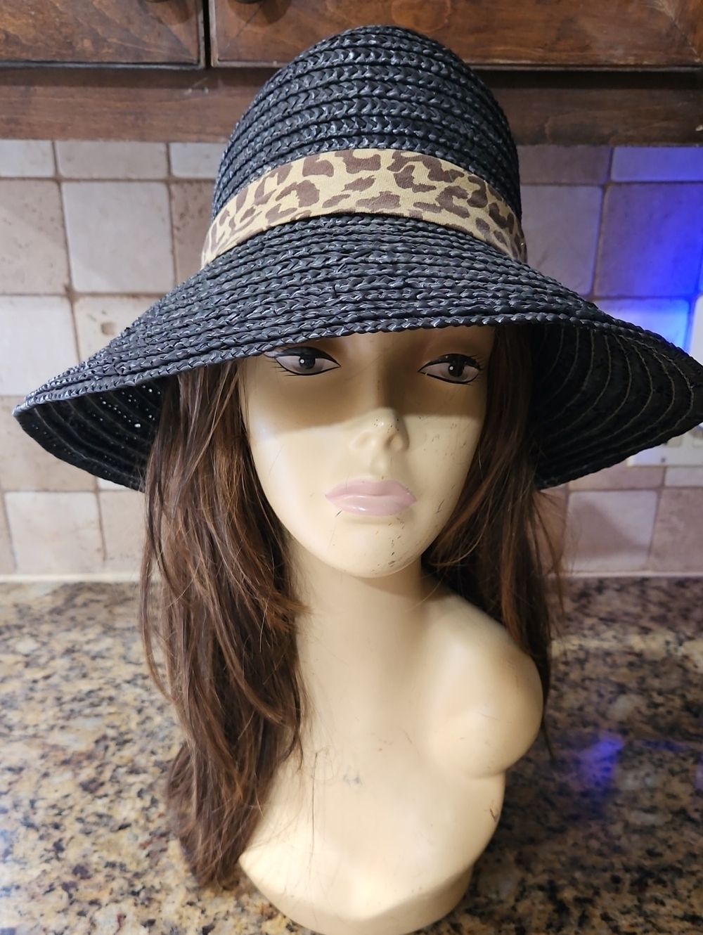 Magid Hats Women’s Faded Black Straw Bucket Hat with Leopard Band Vintage Woven